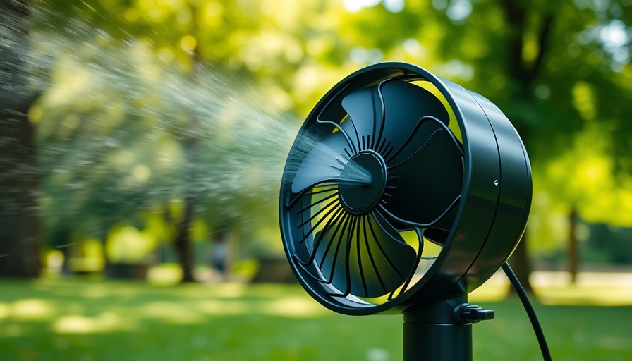 Modern portable misting fan in a park setting.