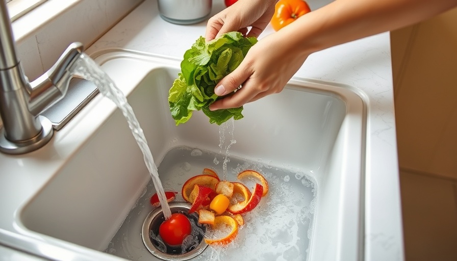 Kitchen scene with clogged sink and vegetables; garbage disposal not working.
