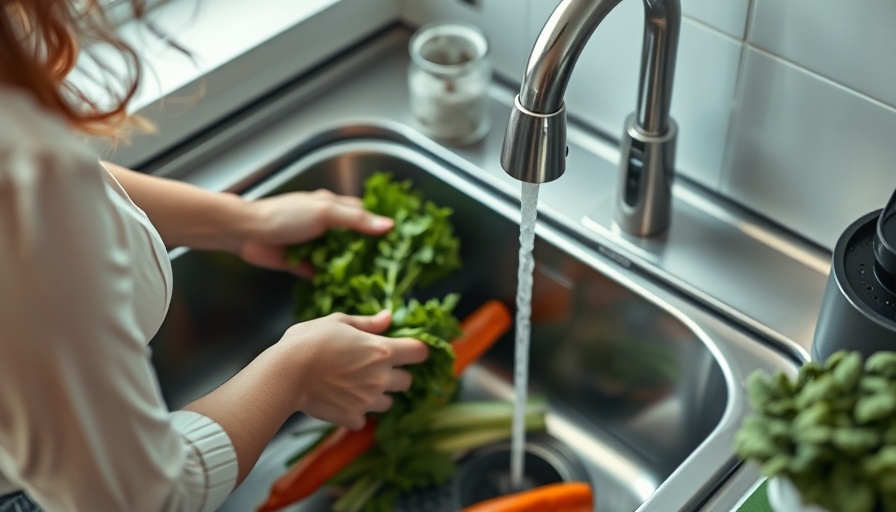 Kitchen sink with vegetables and running water; garbage disposal not working