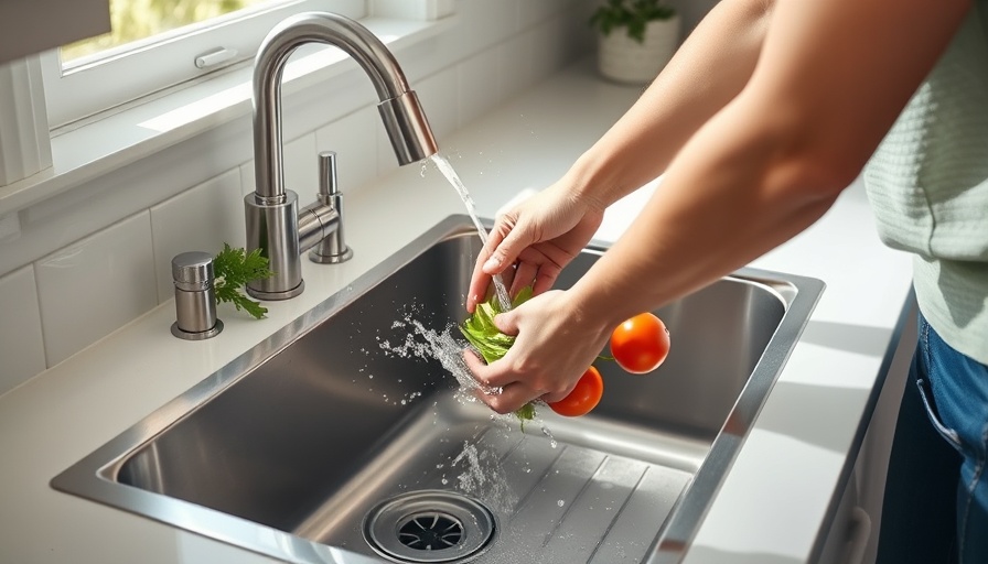 Kitchen sink with garbage disposal troubleshooting scene, person washing vegetables.