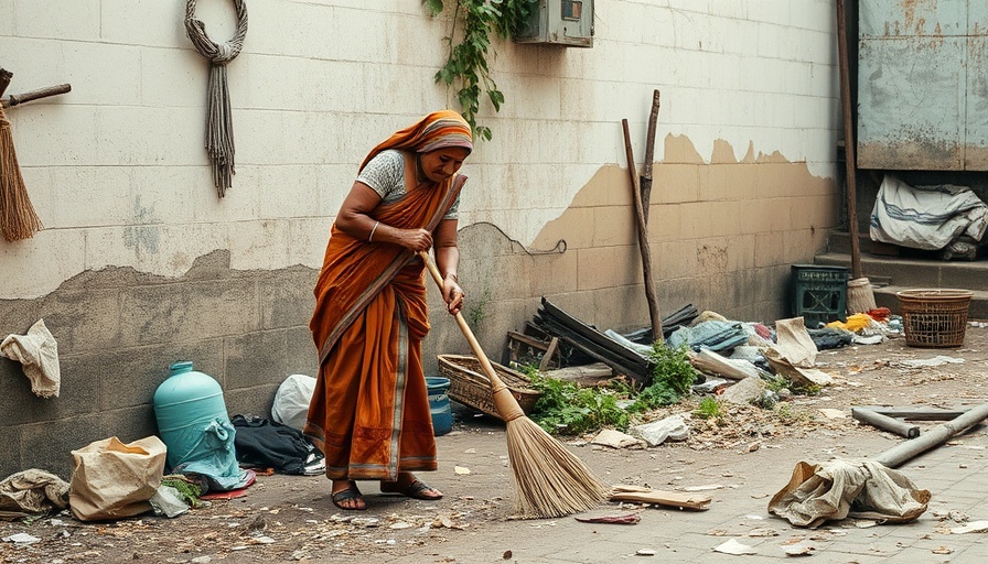 Woman sweeping outdoors highlighting environmental care in pollution context.