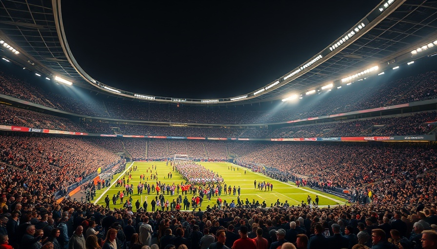 Lively football stadium scene, crowded with spectators and bright lights.