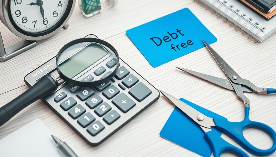 Debt Settlement tools on desk with debt-free note.