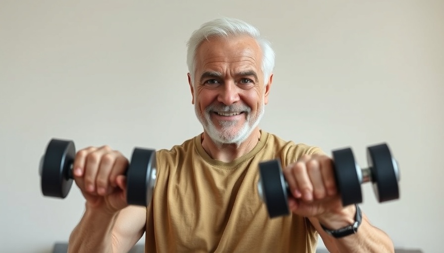 Senior man practicing power training for seniors with dumbbells.