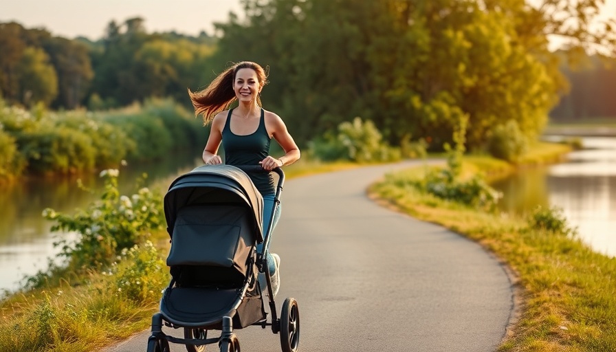 Young woman jogging with stroller by a river, baby expenses tariff impact.
