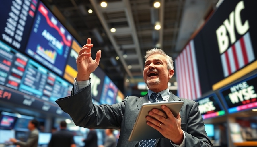 Excited trader urging to buy stock now on bustling exchange floor.