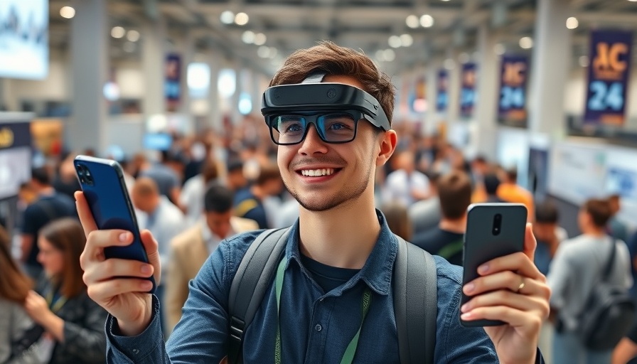 Man with AR glasses holding smartphones at tech expo.