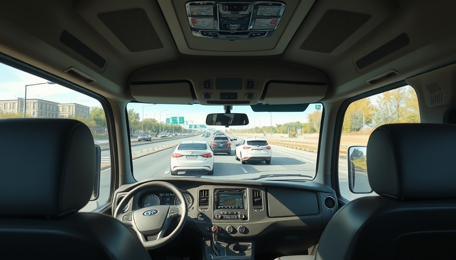 Interior of a driverless truck on a highway showcasing driverless trucking innovation.