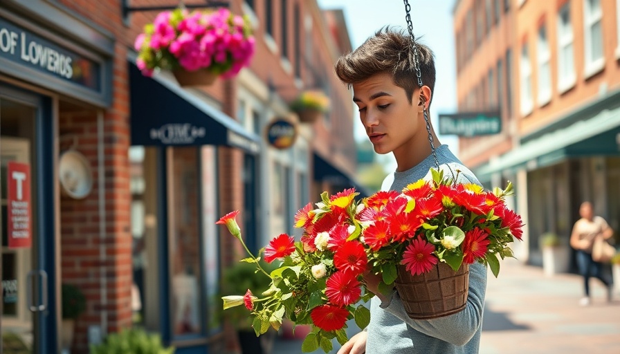 Energetic young adult arranging flowers in downtown for business revival