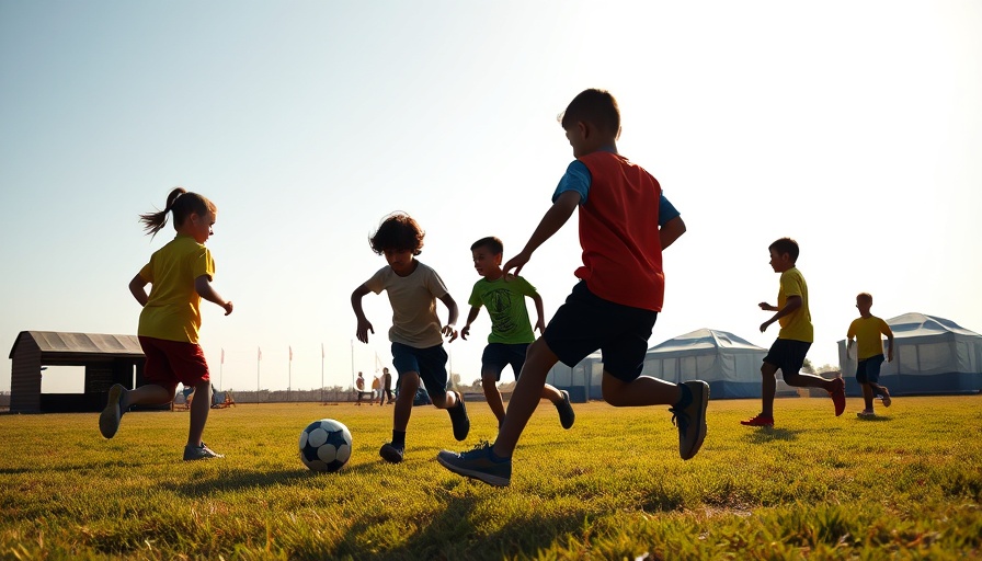 Silhouetted scene of children playing soccer in a field near shelters, illustrating children in federal custody lawsuit context.