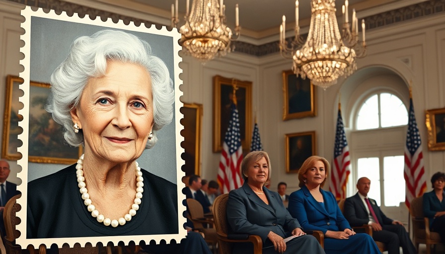 Barbara Bush stamp unveiling event with attendees in formal setting.
