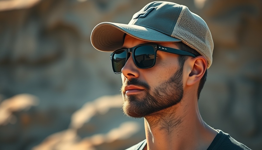 Man in sunglasses and cap standing outdoors with blurred background