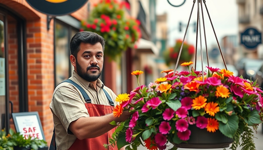 Worker reviving downtown Sausalito with hanging flowers.