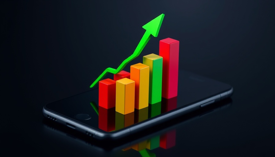 3D bar chart on phone for investment trends, upward growth.
