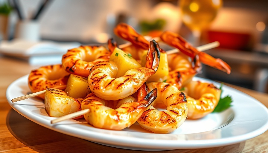 Colorful shrimp and pineapple skewers on a plate, depicting healthy recipes.