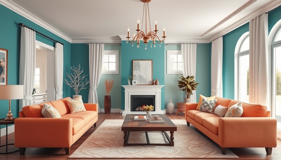 Chic living room with teal walls and peach sofa using Chat GPT decorating ideas.