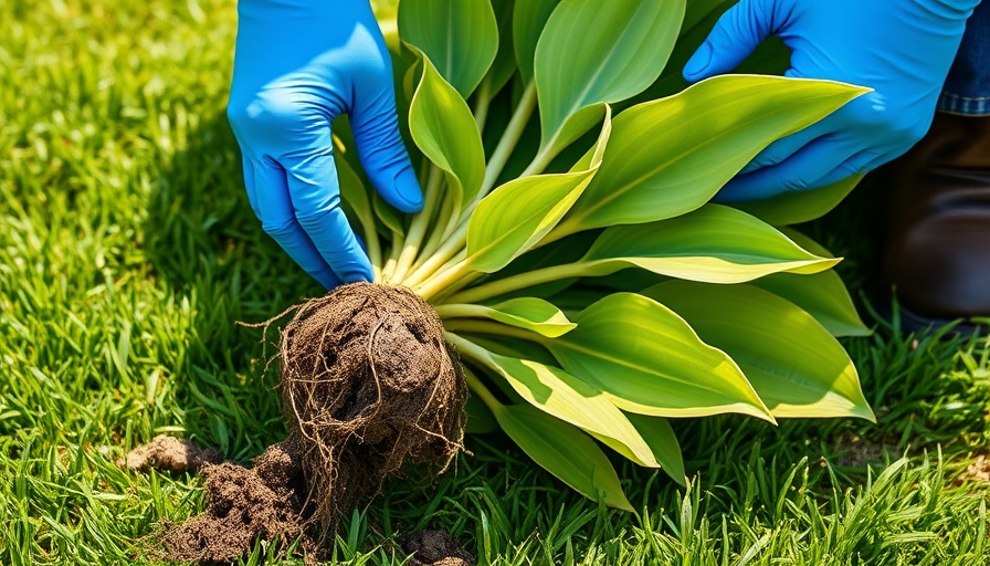 Dividing perennials: gardener handling hosta roots with gloves