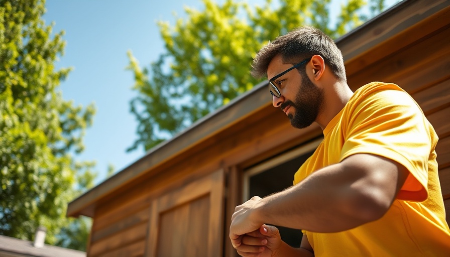 Backyard shed upgrade by person in yellow shirt under blue sky.