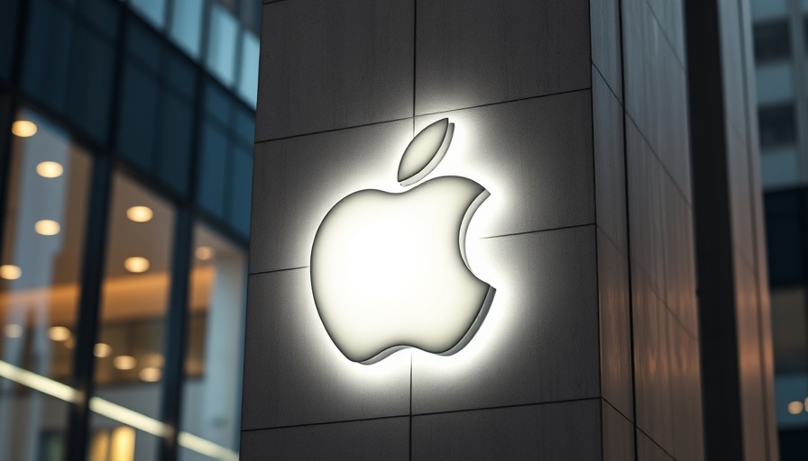 Illuminated Apple logo on a building wall, urban background.