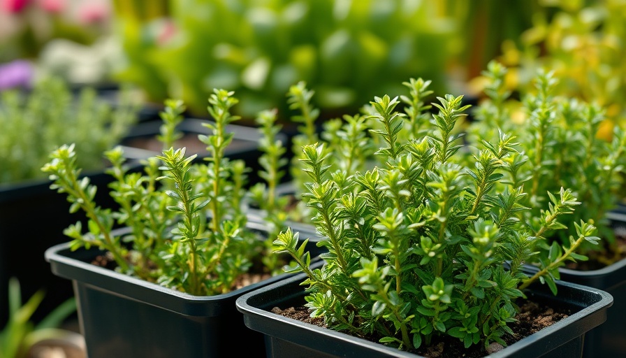 Young thyme plants in pots showing how to propagate thyme.