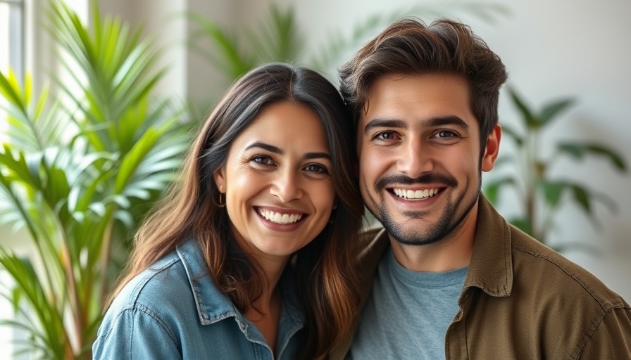 Smiling individuals posing indoors with green plant background.