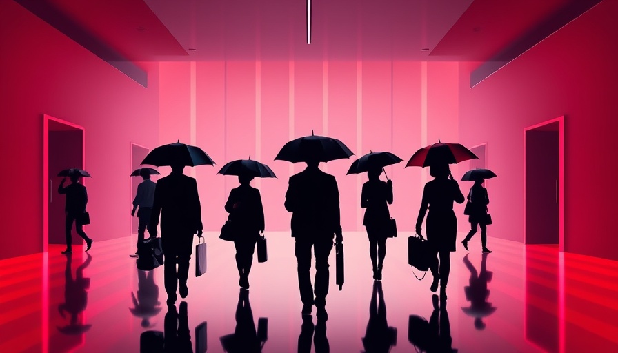 Futuristic abstract art depicting 2025 tech layoffs, silhouettes with umbrellas.