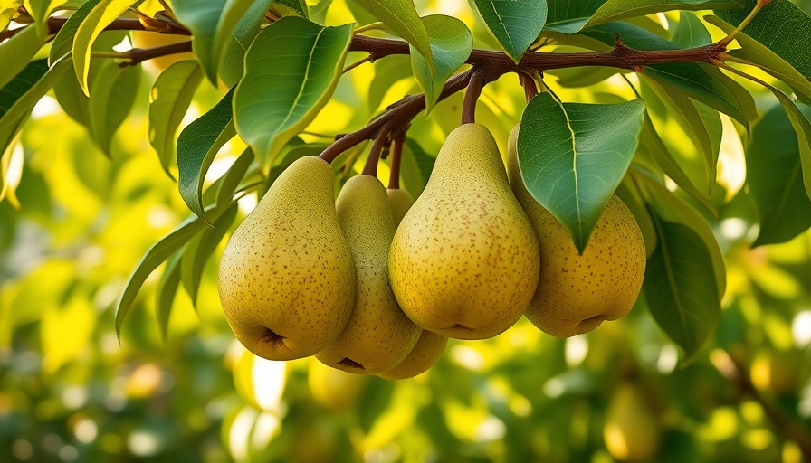 Ripe pears hanging on a pear tree, highlighting chill hour importance.