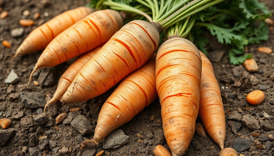 Freshly harvested cracked carrots in garden soil.