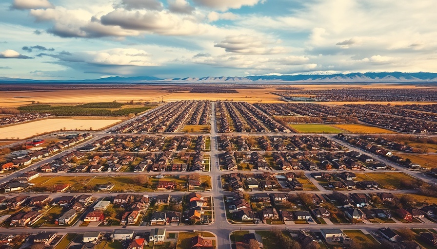 Aerial view of Meridian Idaho, showcasing residential area and distant mountains.