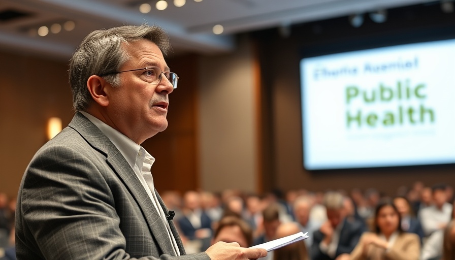 Public health expert presenting passionately at a conference.