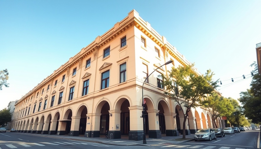 Light yellow building with arches in Larkspur, seen from street level