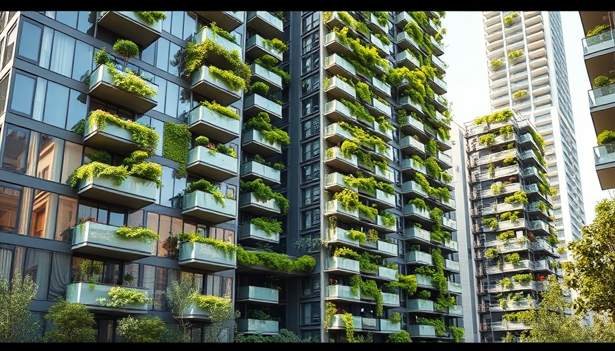 Modern condo buildings featuring vertical gardens and eco-friendly design.