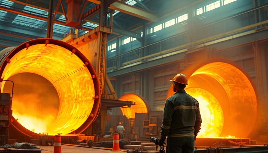 Industrial steel processing, worker observing heated metal, US UK trade deal supply chains.