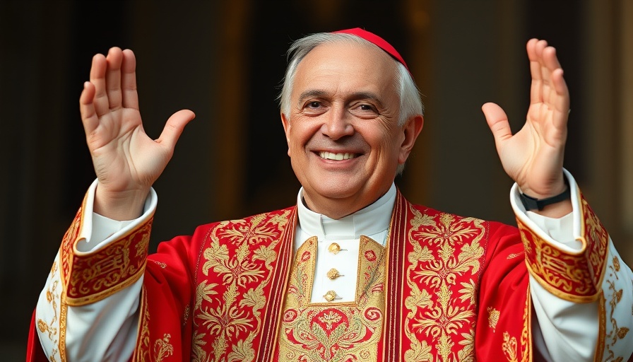 Middle-aged man in papal attire raising hands with a smile.