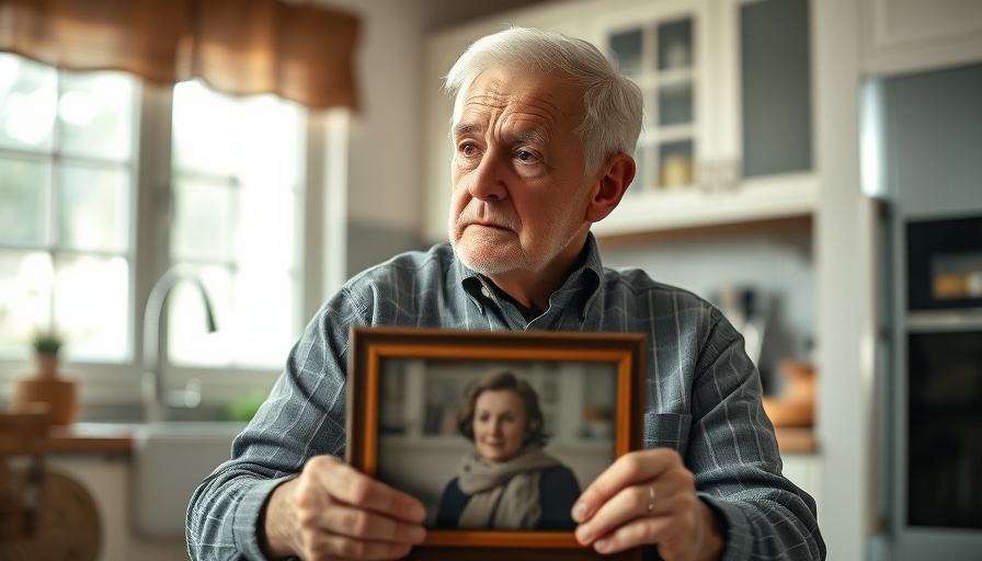 Elderly man in kitchen holding a photograph, thoughtful expression.
