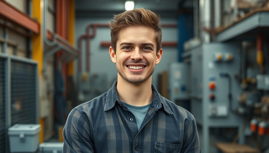 Young man in factory setting reflecting on local manufacturing and tariffs response.