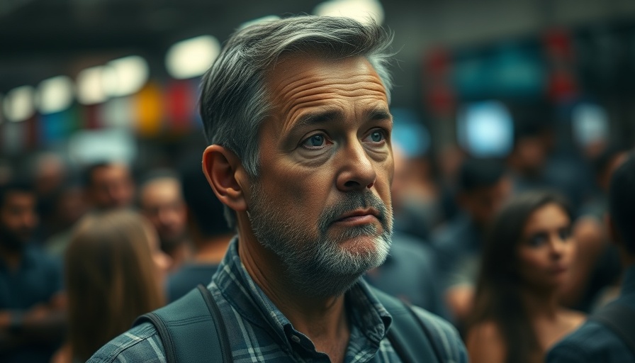 Thoughtful man in a crowd with soft lighting.