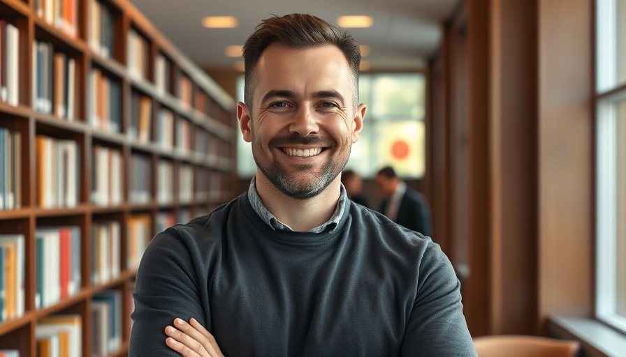 Confident man in library representing Greece's tech momentum.