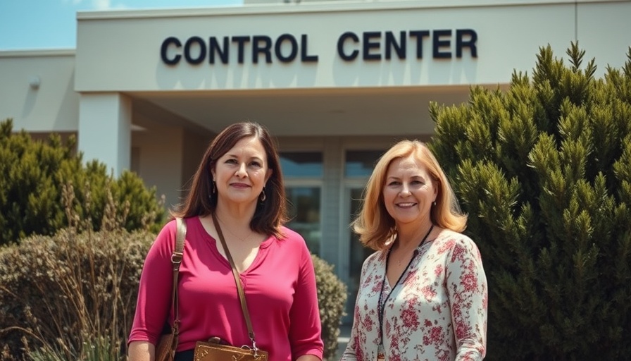 Two women outside Control Center, candid moment, bright daylight.