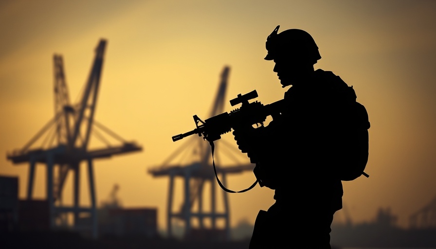 Silhouetted soldier holding gun, industrial port background.