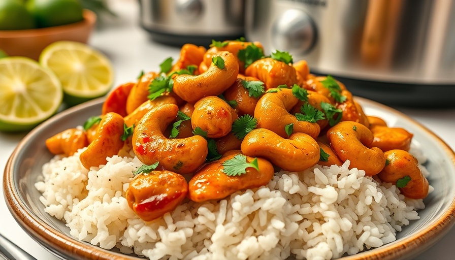 Easy dinner idea with cashew chicken over rice, garnished with greens.