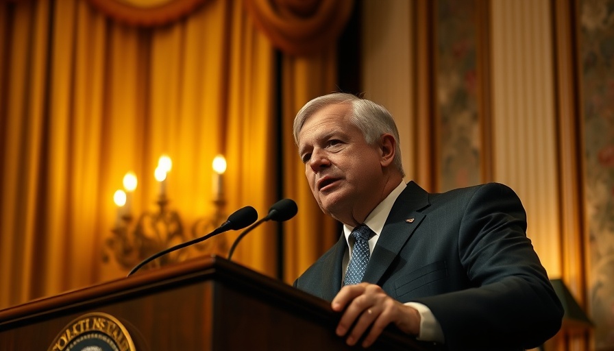 Political figure speaking at podium, Trump administration downsizing federal agencies.