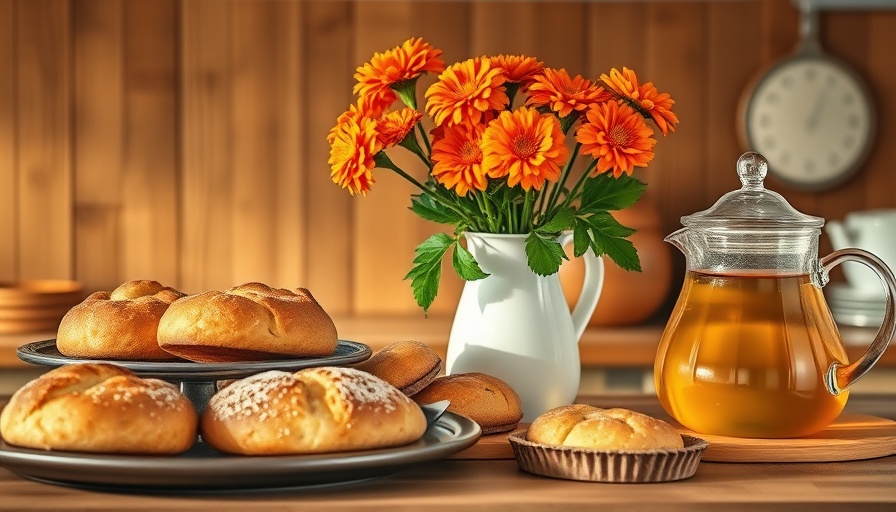 Edible marigolds in vase next to pastries and tea.