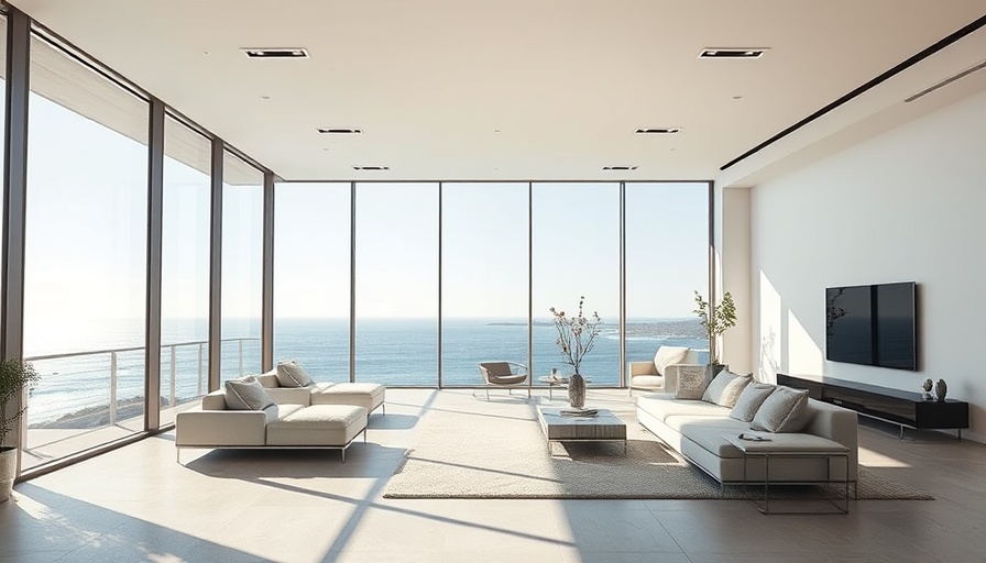 Modern living room with ocean view through large windows.