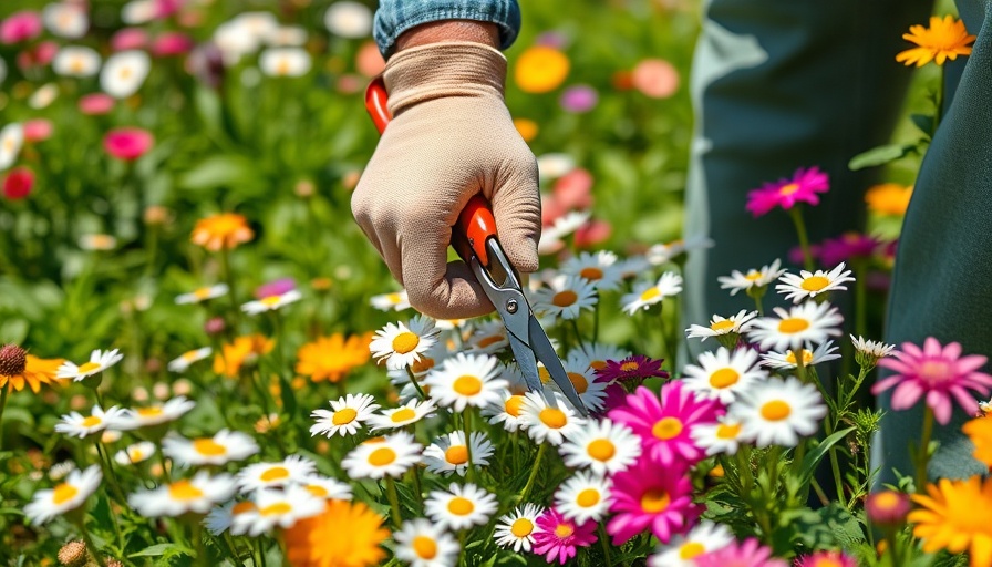 Gardener showing how to deadhead daisies in a vibrant garden.