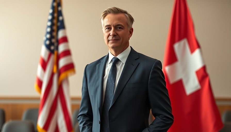 US representative at tariff talks standing by American and Swiss flags.