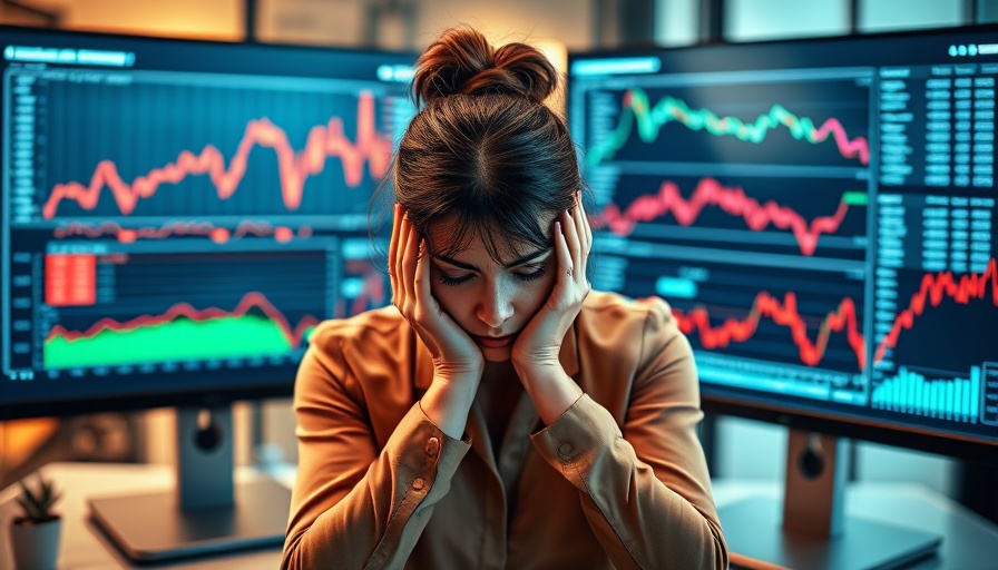 Stressed woman in office analyzing stock market data on screens
