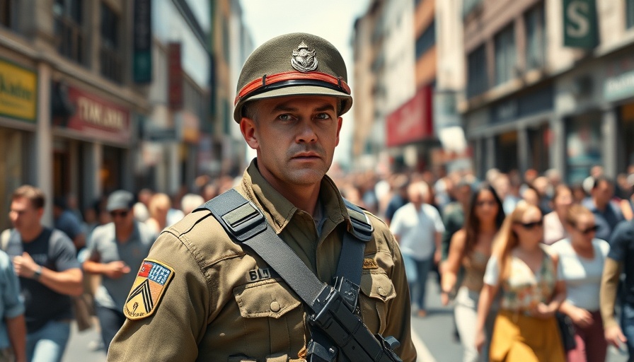 Soldier managing a busy street in urban India-Pakistan area under bright sunlight.