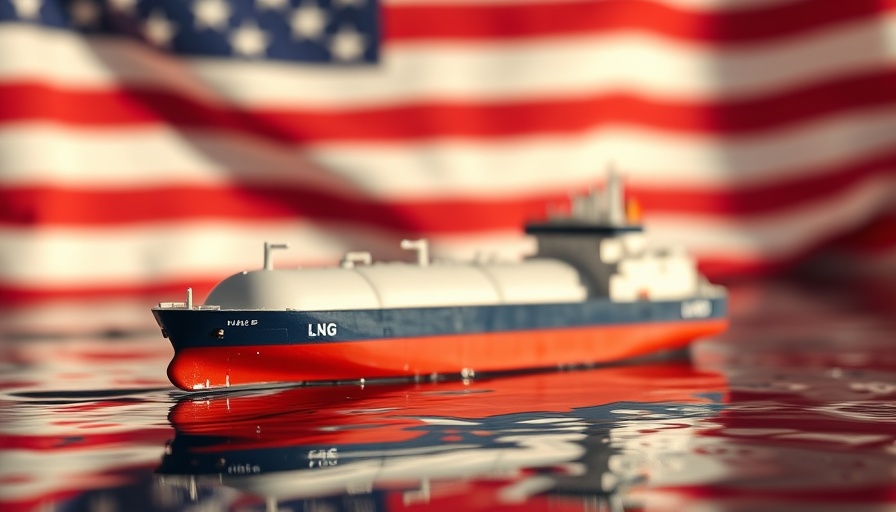 Miniature LNG tanker with American flag backdrop for CP2 LNG project approval.
