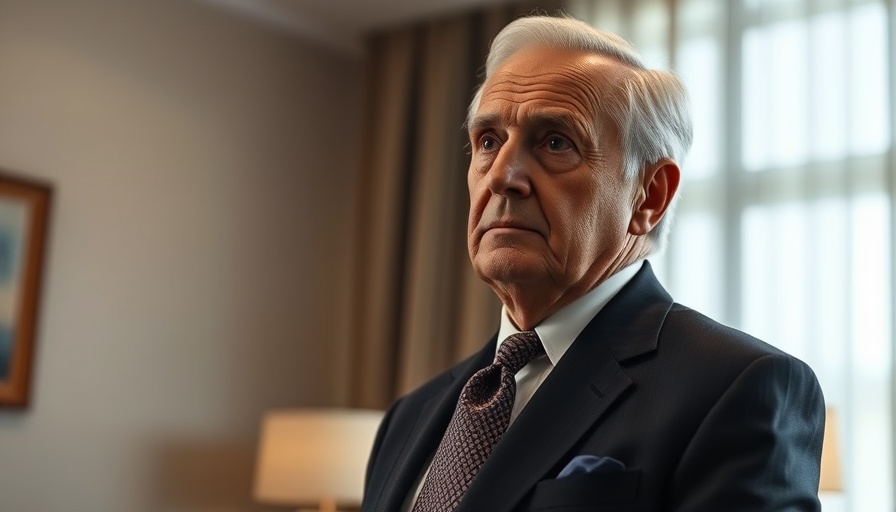 Distinguished man in a suit with a ribbon, contemplative expression, indoors.
